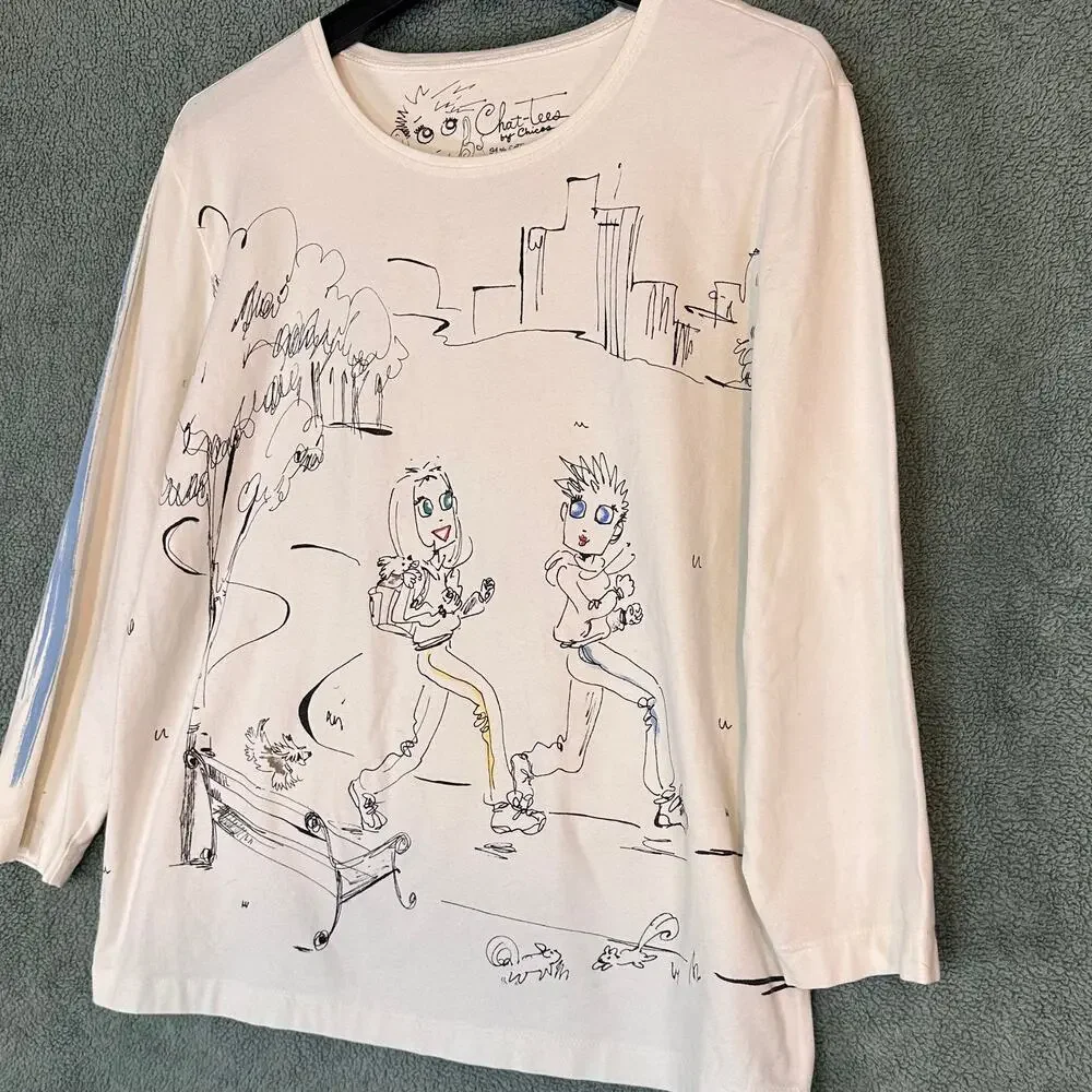 Chico's Chat Tees Graphic Art Top Size 2( SZ XL) Bicycle Park Scene Shirt - Picture 2 of 8